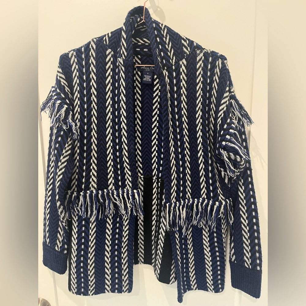 Anna Cai New York Fringe Blue Black White Shawl Collar Cardigan Sweater Size S